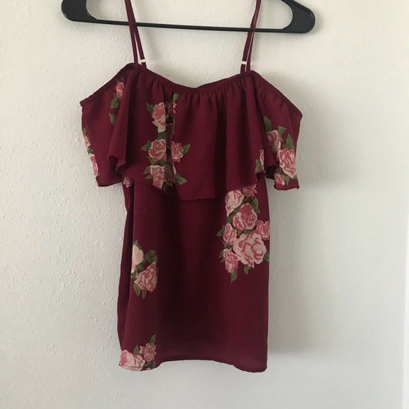 No Boundaries Tops - Off Shoulder Burgundy Floral Top Pretty!